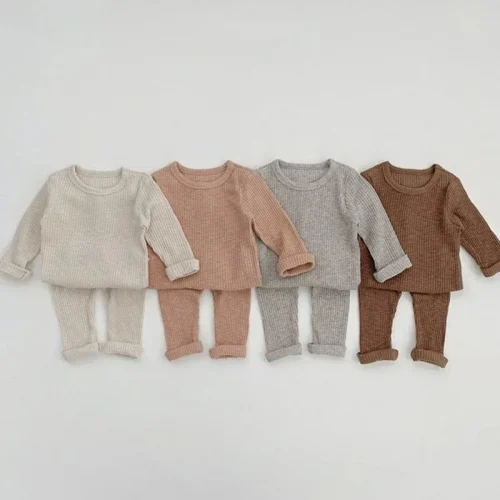 Spring Autumn New Baby Long Sleeve Pajamas Set Infant Solid Homewear 2pcs Suit Boys Girls Tops + Pants Toddler Casual Outfits 1