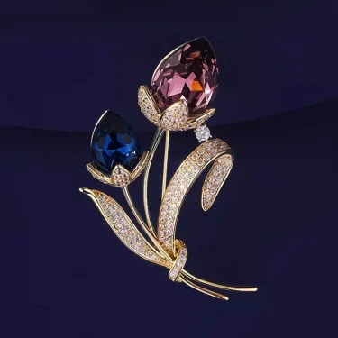 Ladies Novelty Retro Twin Flower Brooch High-grade Women's Exquisite Crystal Flower Corsage Anti-slip Pin Suit Accessories 2