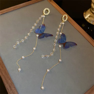 New Luxury Women Zircon Crystal Pearls Long Tassel Butterfly Earrings Stud Dangle Jewelry Gifts 6