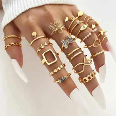 Boho Gold Color Rings Set For Women Fashion Cubic Zircon Heart Star Moon Flower Finger Rings Female Simple Trendy Jewelry Gifts 3
