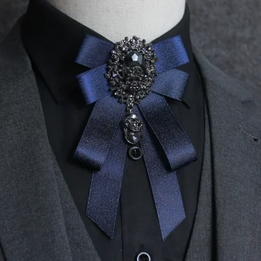 Retro Handmade Ribbon Bow Tie Brooch Rhinestones Crystal Necktie Men's Suit Shirt Collar Pin Luxulry Webbing Jewelry Accessories 6