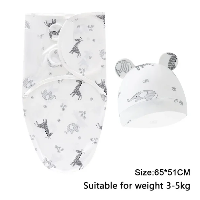 Baby Blanket Hat Set Cartoon Printed Cotton Newborn Swaddle Adjustable Infant Sleeping Swaddle Wraps All Seasons 0-6 Months 5