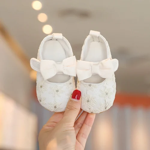 HAIZHIW 0-18 Months Cute White Lace Baby Girl Princess shoes Baby Shoes Bow Fringe Rubber Soled Non-slip Footwear Crib Shoes 1