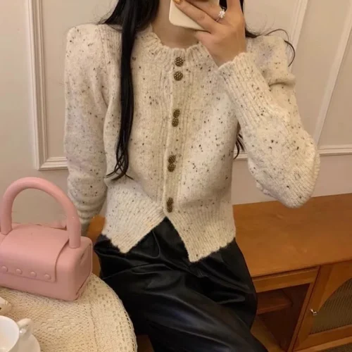 Autumn and winter Korean version new round neck slim fit top mixed color single breasted sweater for women's fashion trend 1