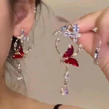 Elegant Red Zircon Butterfly Drop Earrings for Women Temperament Sweet Metal Bow Earrings Fashion Girl Jewelry Accessories 2