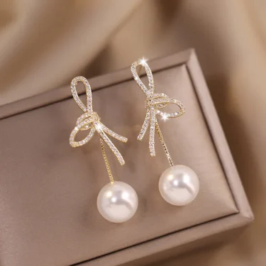 New Delicate Versatile Bowknot Drop Earrings Fashion Long Tassels Sweet Pearl Women Earrings Jewelry Girl's 1