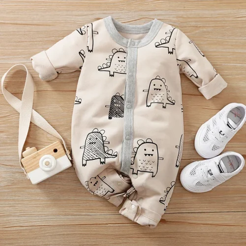 Newborn Clothing Solid Color Fashionable Children's Jumpsuit Long Sleeved Cute Cartoon Dinosaur Girl Boys Autumn/Winter Jumpsuit 1