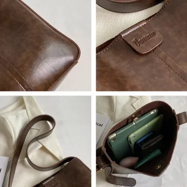 Retro Shoulder Tote Bag Set for Women Wide Strap Soft PU Leather Crossbody Bags with Small Purse Large Capacity Shoppers 2