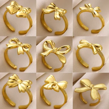 Gold Color Bow Tie Rings For Women Stainless Steel Fashion Opening Finger Jewelry Ring Cute Aesthetic Bijoux Wedding Gift Bague 1