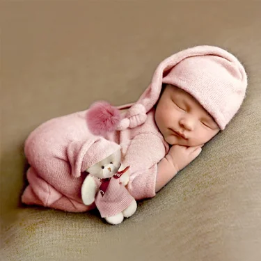 Ylsteed 3 Pieces Set Newborn Jumpsuit Tail Pom Hat Set with Mini Doll Pink Baby Photography Outfit New born Girl Photo Props 1