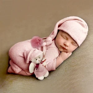 Ylsteed 3 Pieces Set Newborn Jumpsuit Tail Pom Hat Set with Mini Doll Pink Baby Photography Outfit New born Girl Photo Props 1