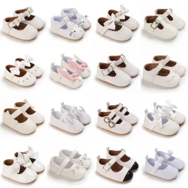 Baby Girl White Baptism Shoes Infant Toddler Bowknot Non-slip Rubber Soft-Sole Flat PU First Walker Newborn Bow Decor Mary Janes 1