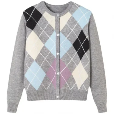 2023 Autumn And Winter Fashion Ladies New Knitted Cardigan Loose Korean Retro Round Neck Plaid Sweater Women's All-match Blouse 6