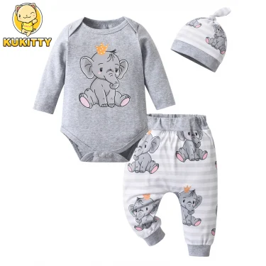 Newborn Baby Boy Baby Elephant Clothes Set Long Sleeve Romper Bodysuit Top and Pants with Hat Spring Autumn Cute Outfit for Boys 1
