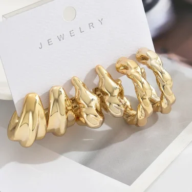 LATS 6Pcs Vintage Classic Geometry Glossy Ccb Gold Plated C Shape Hoop Earrings Set for Women Waterdrop Earing Fashion Jewelry 2