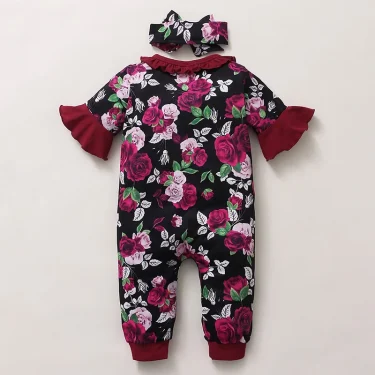 0-18Months Newborn Baby Girls Gorgeous Rose Floral Ruffle Short Sleeve Jumpsuit + Headband Toddler Baby Girl Festival Costumes 2