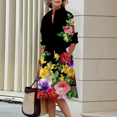 Floral Pattern Shirt Dress Elegant Women's Summer Casual Lapel Long Sleeve Midi Dress High Temperament Fashion Street Shirt 1
