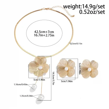 Ingemark Romantic Flower Petal Imitation Pearl Pendant Choker Necklace Stud Earrings Women Trendy Kpop Snake Chain Jewelry Set 4