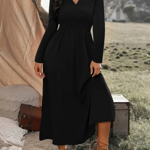 2024 AliExpress Europe and the United States cross-border plus size autumn new fashion V-neck tunic long sleeve dress 1