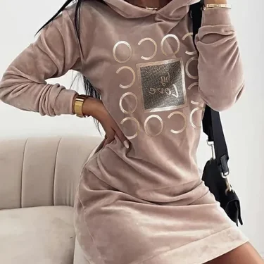 Women Long Sweater Dresses LOVE Print Hooded Loose High Collar Sweatshirts Long Sleeve Pullover Fall Winter Y2K Street Style Top 4