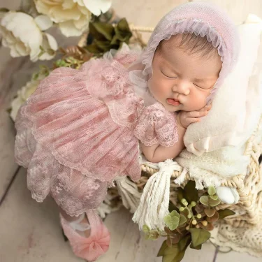 Ylsteed Newborn Girl Photography Outfits(Romper+Hat+Shoes) Baby Lace Romper with Match Hat and Mini Shoes Infant Posing Props 1