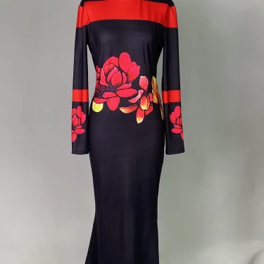 Gymystars Elegant Red Floral Printed Evening Dresses Long Dress Fashion Skinny High Neck Bodycon Vestido Party Robe for Women 4