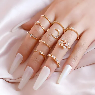 10Pcs Rings Suit For Women Gold-color Chain Ring Set Bohemian Style Coin Snake Moon Star Party Leaves Love Trend Gift Jewelry 2