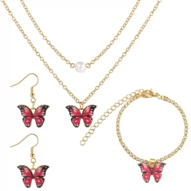 3pcs Butterfly Pendant Necklace, Earrings and Bracelet Combination Set, Suitable for Women to Wear at Parties 3