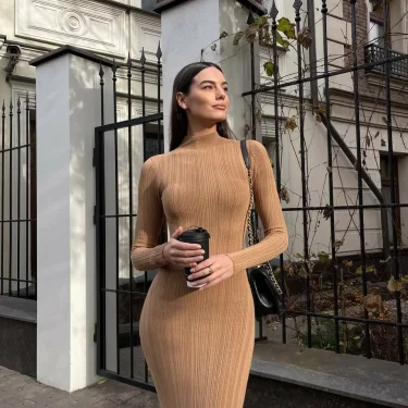 Women Elegant Long Sleeve Knitted Maxi Dress High Neck Bottoming Striped Sweater Slim Long Dress Bodycon Party Club Streetwear 2