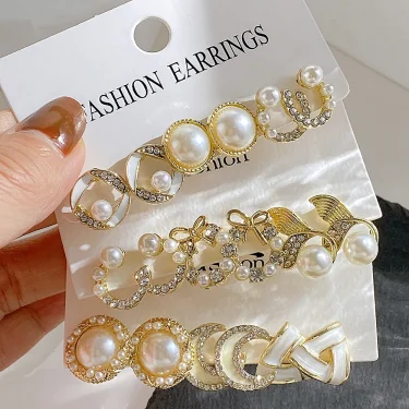 LATS Bow Fishtail Pearl Moon Earrings for Women Popular Gold Color Crystal Earrings Set Fashion Jewelry Accessories Gifts 1
