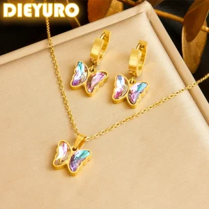 DIEYURO 316L Stainless Steel Colorful Shiny Butterfly Zircon Necklace Earrings Suit Women 2024 New TrendNon-fading jewelry Set 1