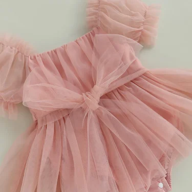 0-24M Infant Baby Girl Romper Dress Solid Color Short Sleeve Front Bowknot Tulle Jumpsuit Headband Baby Girl Summer Clothes 4