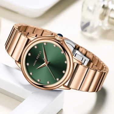 MINI FOCUS Women Quartz Watch with Green Dial Rose Gold Stainless Steel Strap Waterproof Analog Wristwatch with Crystal 0493 1