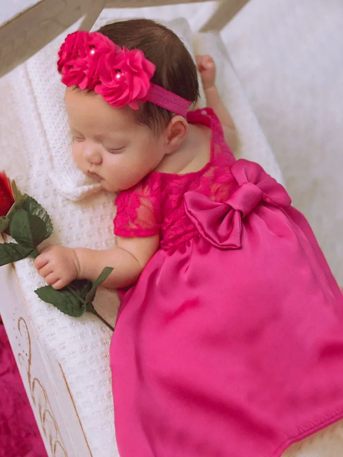 Ylsteed Newborn Photography Outfits Big Bowknot Lace Dress with Floral Headband Baby Girl Shooting Props 2