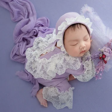 Ylsteed Newborn Girl Lace Jumpsuit Hat Set Violet Infant Picture Outfits Baby Photo Props Baby PhotoShoot Props 1