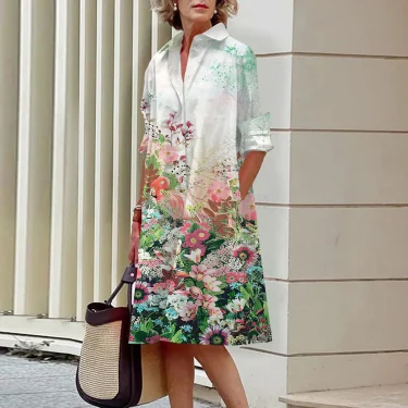 Floral Pattern Shirt Dress Elegant Women's Summer Casual Lapel Long Sleeve Midi Dress High Temperament Fashion Street Shirt 2