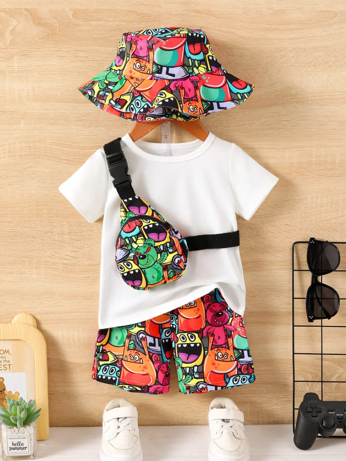 Baby Boys Summer Fashion Funny Four-Piece Pure White T-Shirt Top Cartoon Monster Print Straddle Bag Pocket Pants Sunscreen Hat 1