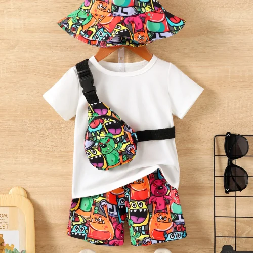 Baby Boys Summer Fashion Funny Four-Piece Pure White T-Shirt Top Cartoon Monster Print Straddle Bag Pocket Pants Sunscreen Hat 1