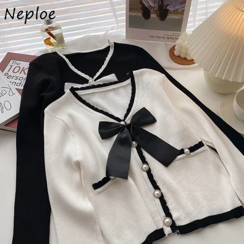 Neploe V-neck Bowknot Decoration Sweet Woman Sweaters Autumn 2024 Korean Style Short Knitted Cardigans Pearl Button Knit Tops 1