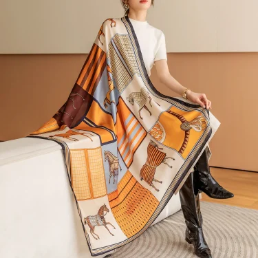 Luxury Horse Print Square Scarf Vintage Imitation Silk Shawl Scarf Women Windproof Outdoor Head Wrap 110*110cm 1