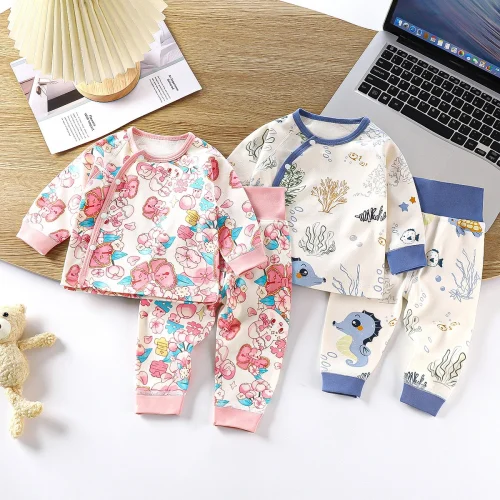 Autumn Newborn Girls 2PCS Sleepwear Set Cartoon Printed Long Sleeve Base Top Suits High Waist Skinny Leegings Infant Girl Outfit 1