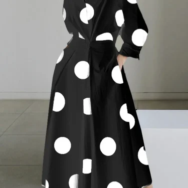 Autumn Dress Long Sleeve Dot Print Elegant Maxi Dresses For Women White Casual V Neck Shirt Party Long Dress Robe Femme 2
