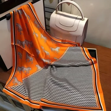 Orange Striped Horse Square Scarf Women's Natural Silk Scarf Casual Versatile Decoration Small Neck Scarf 2