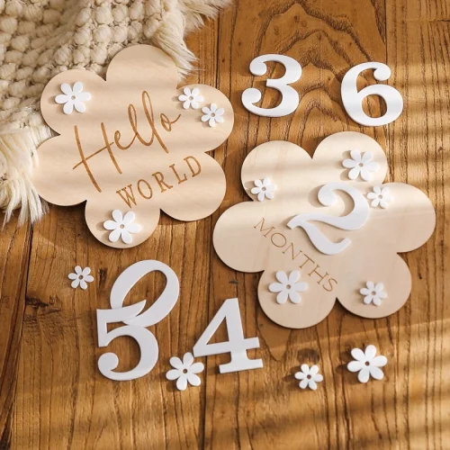 1Set Wooden Baby Month Milestone Card Flower Shape Record Card Newborn Birthday Gift Souvenir Baby Photo Photography Accessories 1