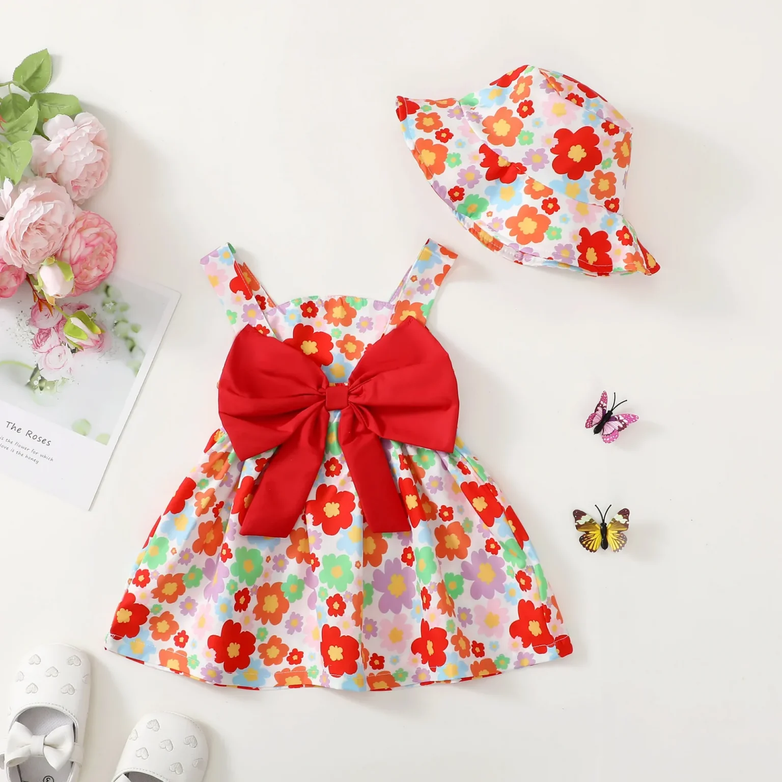 4 Color /2PCS Dress Clothes Set Baby Girl Flower Sleeveless Dress with Bow+Hat Summer Fashion Cute Wear for Toddlers Age 0-3 6