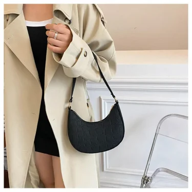 Fashion Women Shoulder Bag Felt PU Leather Solid Color Underarm Bag Crocodile Pattern Crescent Saddle Bag Female Casual Handbags 3