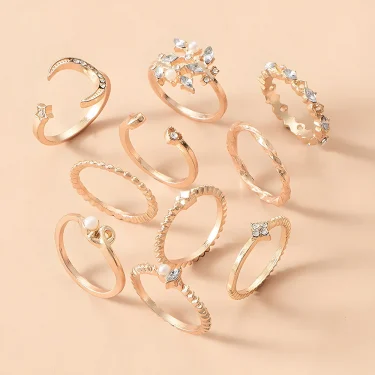 10Pcs Rings Suit For Women Gold-color Chain Ring Set Bohemian Style Coin Snake Moon Star Party Leaves Love Trend Gift Jewelry 5