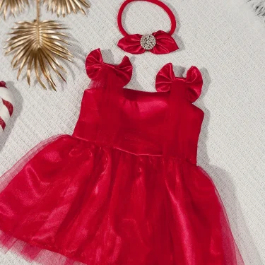 Ylsteed Newborn Girl Photoshoot Outfit Baby Girl Red Big Bow Mesh Dress with Rhinestones Headband Infant Photography Props 3