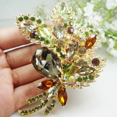 New Design Woman's Vintage Brown Rhinestone Crystal Flower Leaf Pendant Brooch Pin Fashion Jewelry Luxurious Wedding Gift 2