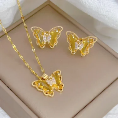Fashion European and American Cute Micro-inlaid Butterfly Necklace Earrings Set Classic Light Luxury Transparent Stainless Steel 4